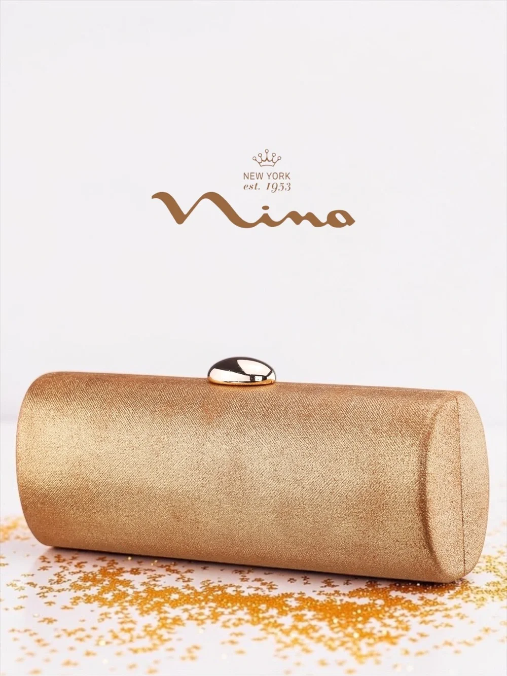 NWT Nina Xandra Barrel Minaudière Clutch – Pure Gold (New in Box)